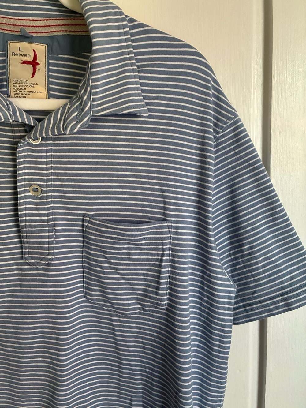 Relwen Blue and White Striped Jersey Polo Shirt Size L